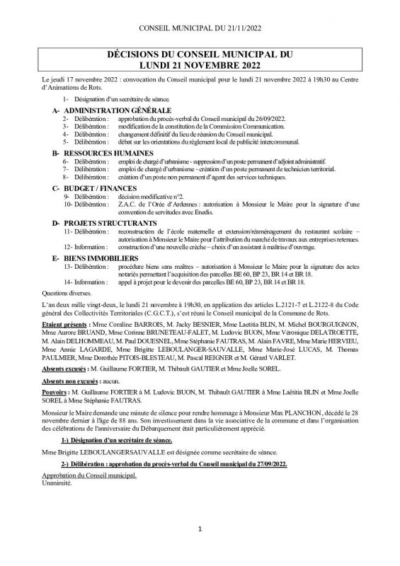 Décisions du conseil municipal du 21/11/2022