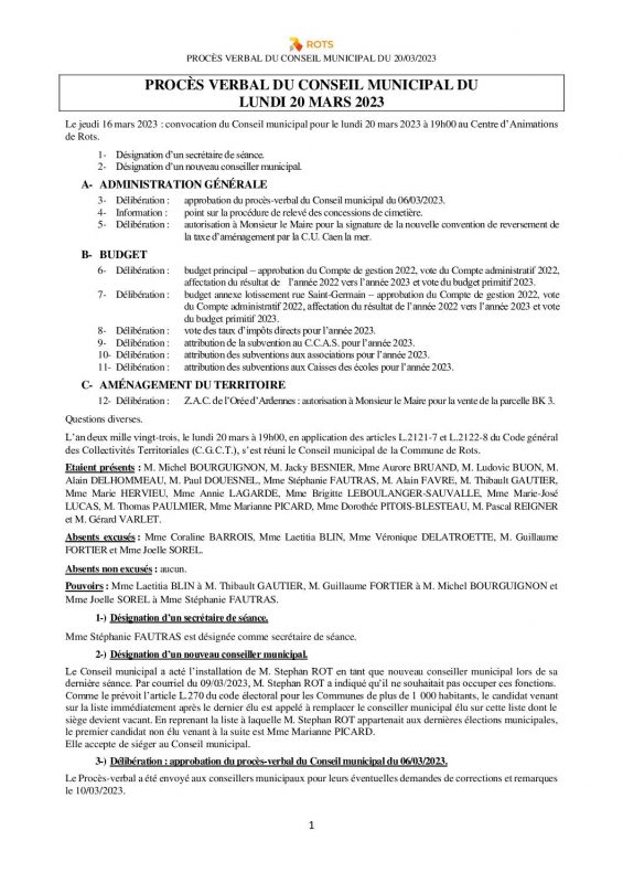 Procès-verbal du conseil municipal du 20/03/2023