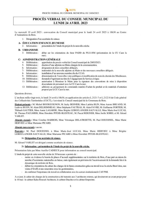 Procès-verbal du conseil municipal du 24/04/2023