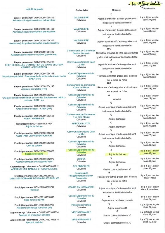 A.I.A.E : Offres d’emplois territoriaux du 01/06