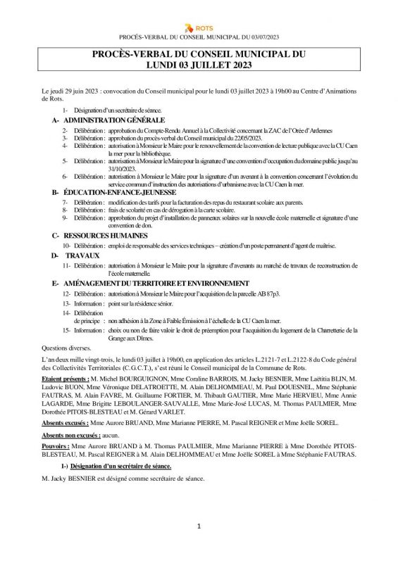 2023_07_03 – Procès-verbal du Conseil municipal