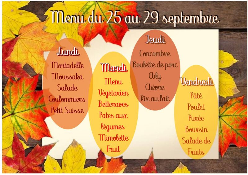 Menu du 25 au 29 septembre