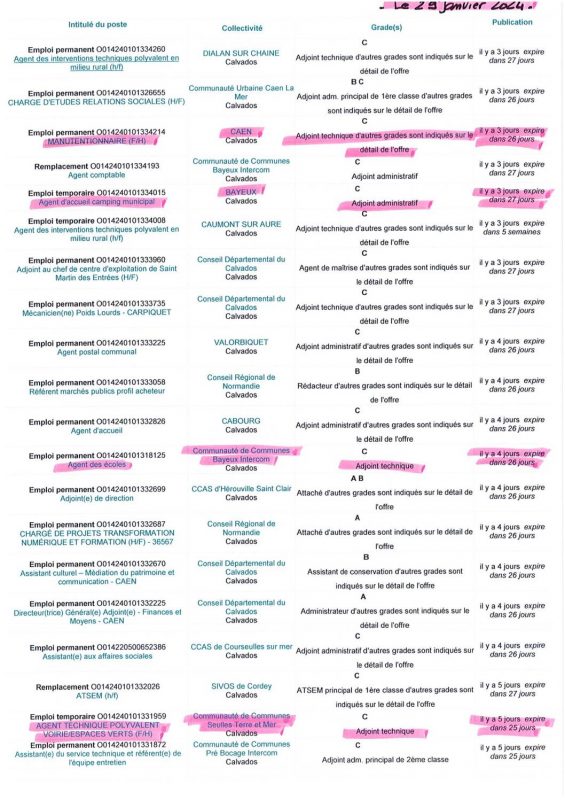 A.I.A.E : Offres d’emplois territoriaux du 29/01