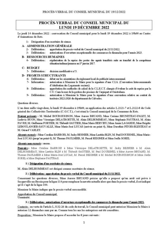 2022_12_19 – Procès-verbal du Conseil municipal