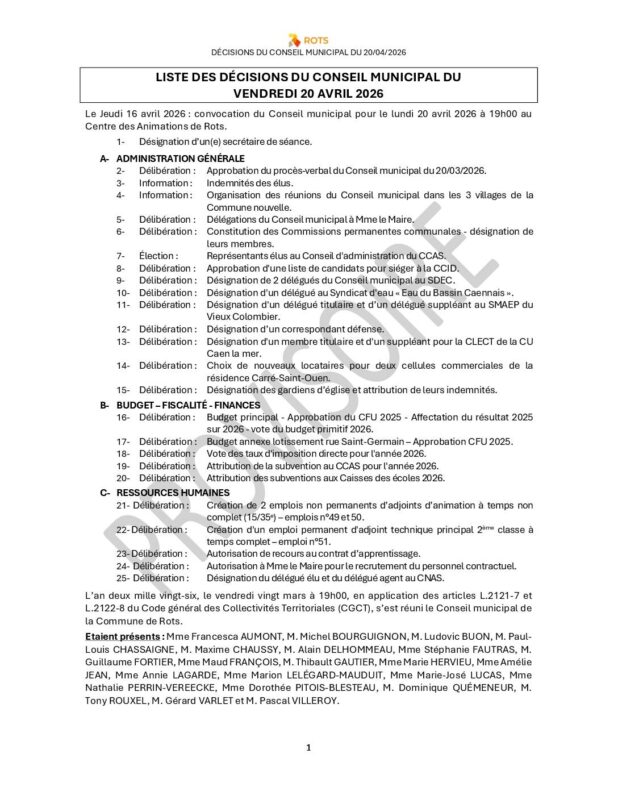 20_04_2026 – Liste des décisions du Conseil municipal