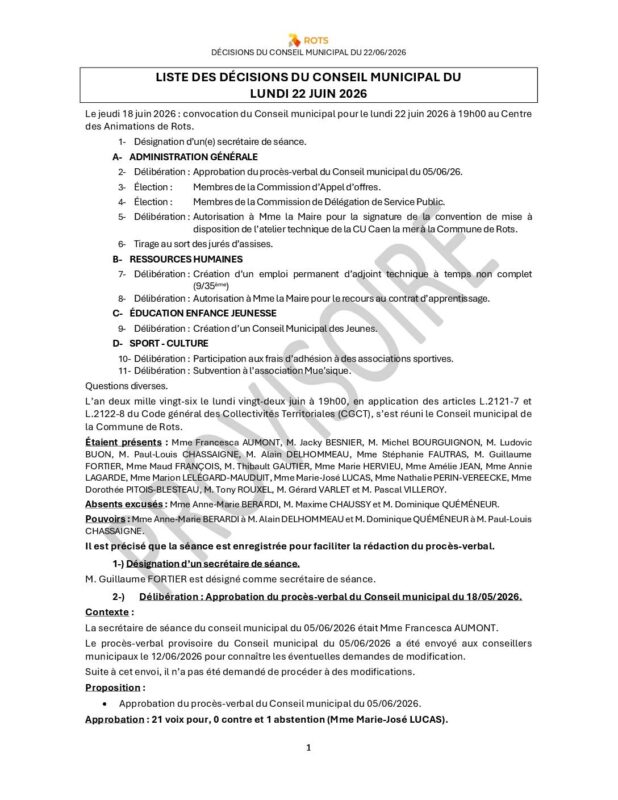 22_06_2026 – Liste des décisions du Conseil municipal