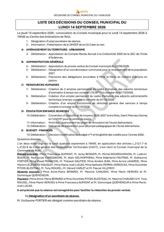 14_09_2026 – Liste décisions du Conseil municipal